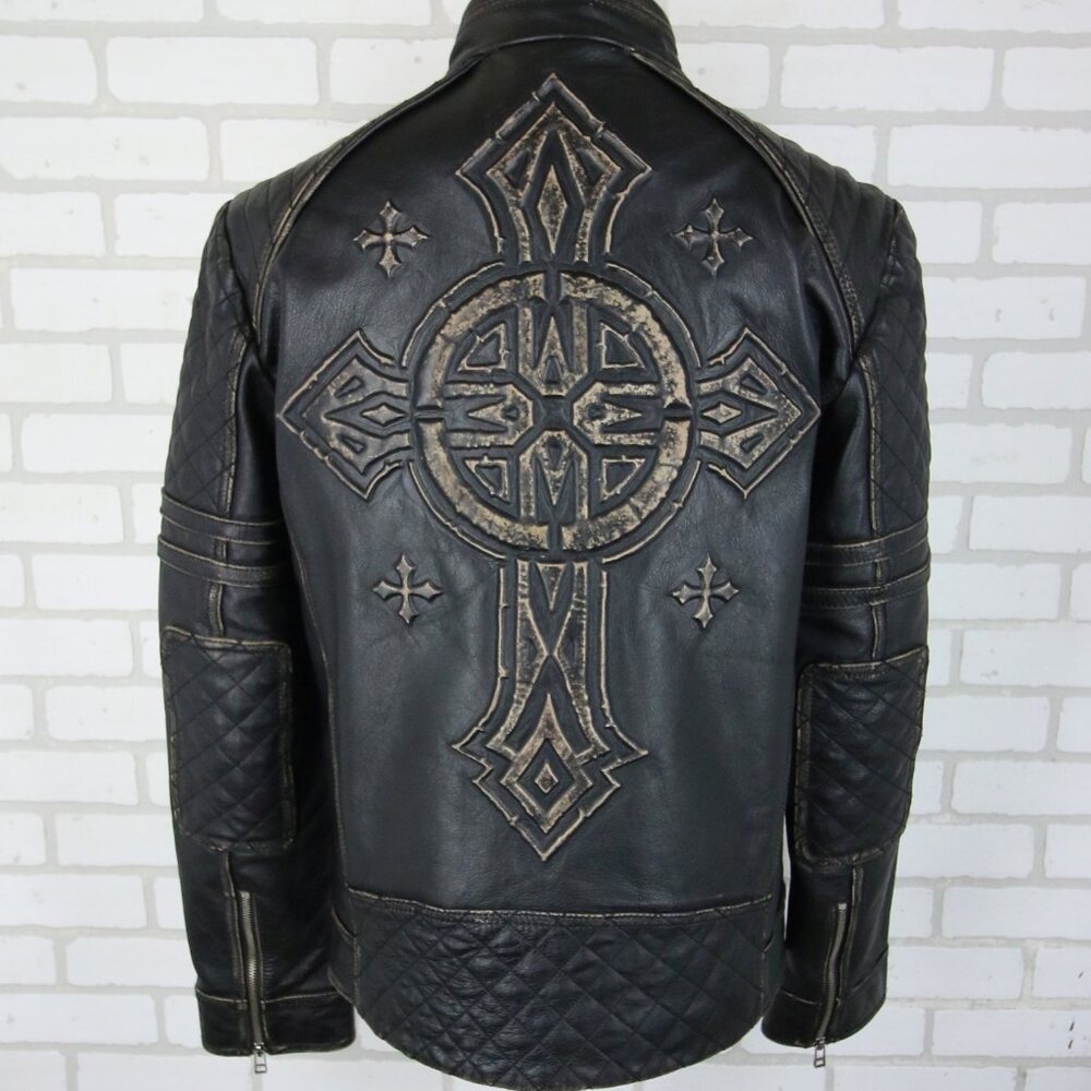 Affliction Black Premium Limited Leather Jacket Mens L fits Slim Cross Back Moto